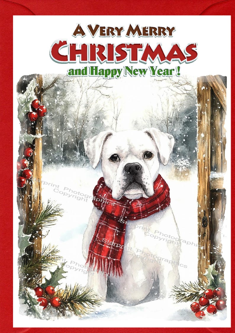 Boxer White Dog Christmas Card (6" X 4") Blank Inside - With Envelope ...