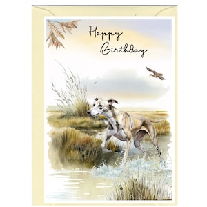 Carte « Joyeux anniversaire » Chien lévrier (6 x 4 po.) avec enveloppe - Vierge à l'intérieur pour votre propre message. Parfait pour tous les amoureux des chiens.