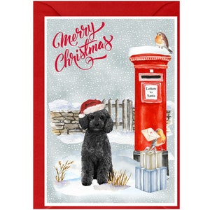 Tarjeta navideña con un perro caniche negro (15 x 10 cm). Interior en blanco y sobre. Artículo perfecto para cualquier amante de los perros.