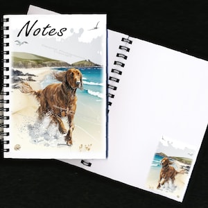 Puede incluir: Un cuaderno de espiral con una ilustración colorida de un setter irlandés rojo corriendo por una playa. La portada dice "Notes" y las páginas interiores están en blanco.