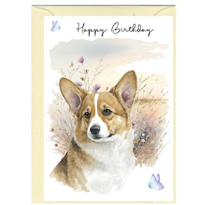 Carte « Joyeux anniversaire » chien corgi (6 x 4 po.) avec enveloppe. Blanc à l'intérieur pour votre propre message. Parfait pour tous les amoureux des chiens