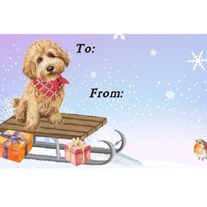 May include: A brown and white poodle dog wearing a red bandana sits on a wooden sledge with two wrapped gifts. The sledge is on a snowy background with a robin bird perched on a branch.