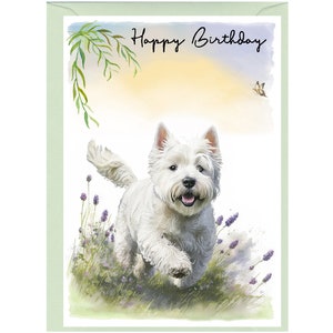 Carte « Joyeux anniversaire » chien West Highland White Terrier (6 x 4 po.) avec enveloppe - vierge à l'intérieur pour votre propre message. Parfait pour tous les amoureux des chiens