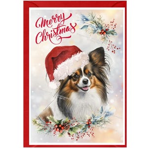 Papillon vlinder hond kerstkaart (6" x 4") blanco binnenkant - met envelop.  Perfect item voor elke hondenliefhebber