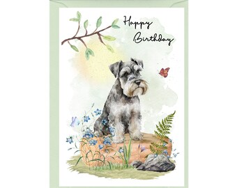 Miniature Schnauzer Dog "Happy Birthday" Card (6" x 4") with Envelope - Blank inside for your own message. Perfect for any dog lover