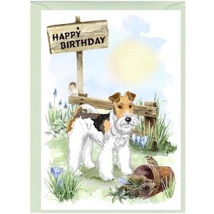 Tarjeta de feliz cumpleaños con diseño de fox terrier de pelo duro (15 x 10 cm) con sobre. Interior en blanco para escribir tu propio mensaje. Perfecta para cualquier amante de los perros
