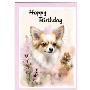 Cartão "Feliz Aniversário" para Chihuahua de Pelo Longo (15 cm x 10 cm) com Envelope. Interior em branco para sua mensagem. Perfeito para qualquer amante de cães.