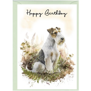 Biglietto "Happy Birthday" per cane Wire Fox Terrier (6"x4") con busta. Interno vuoto per il tuo messaggio. Perfetto per qualsiasi amante dei cani