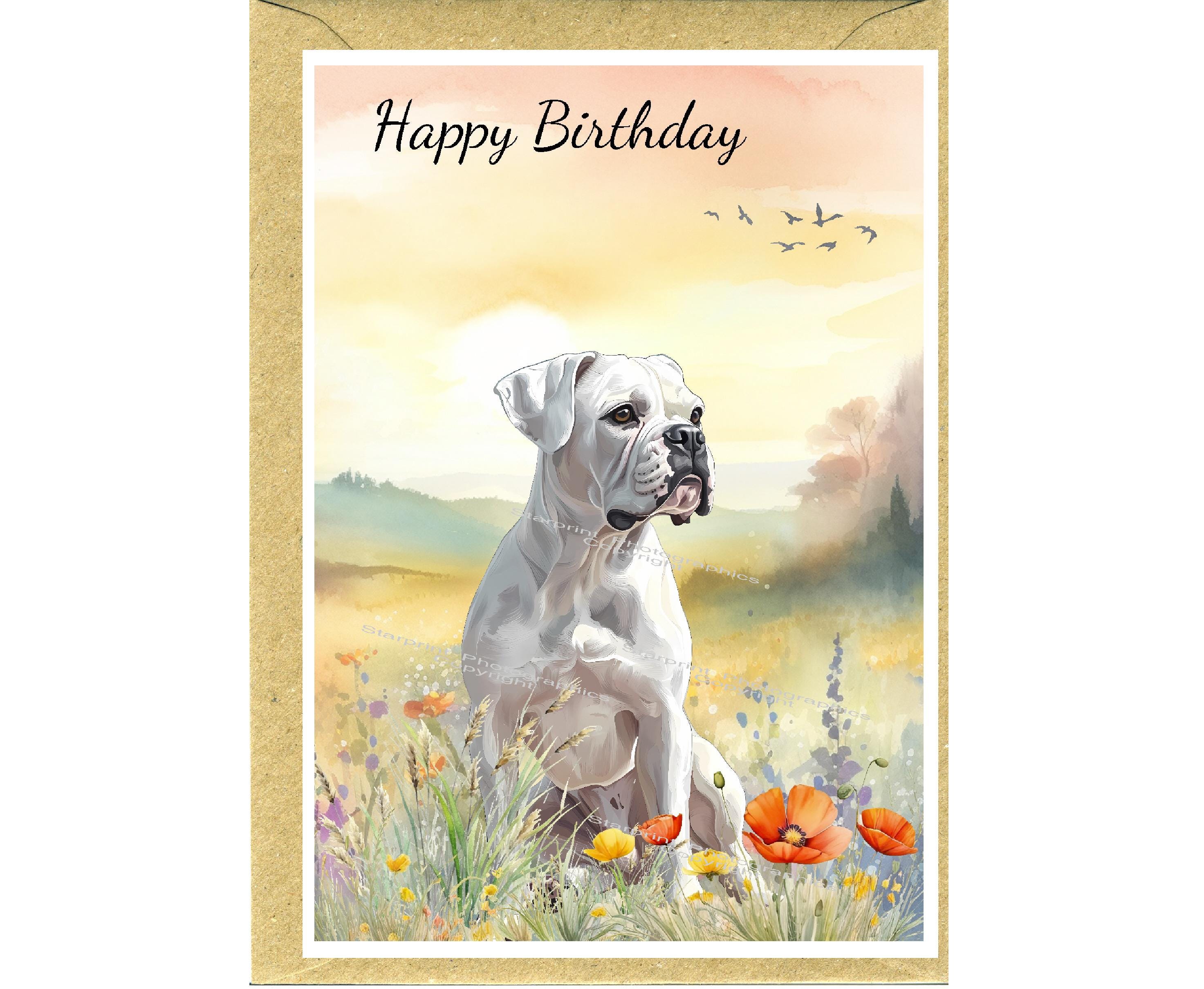 Boxer White Dog "happy Birthday" Card (6" X 4") With Envelope - Blank ...