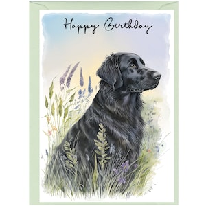 Tarjeta "Feliz cumpleaños" de perro Retriever de revestimiento plano (6" x 4") con sobre - Interior en blanco para su propio mensaje. Perfecto para cualquier amante de los perros.