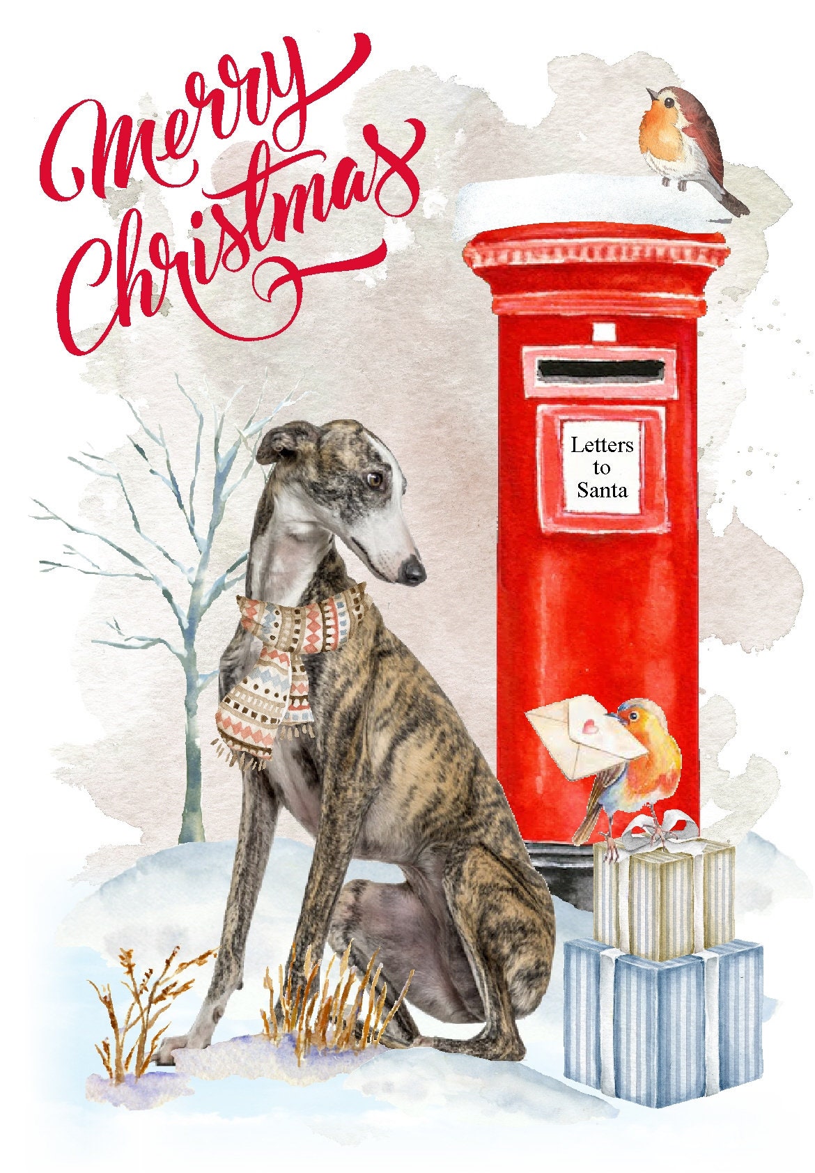 Greyhound Dog Christmas Card (6" X 4") Blank Inside - With Envelope ...