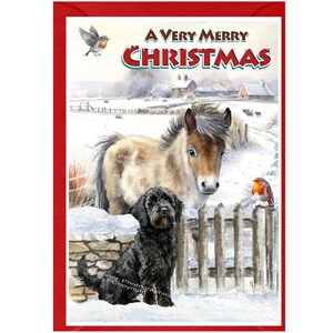 Carte de Noël Labradoodle (noir) chien avec poney (6 x 4 pouces) vierge à l'intérieur - avec enveloppe. Article parfait pour tous les amoureux des chiens