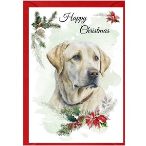 Tarjeta navideña de Labrador Retriever (amarillo/dorado) (15 x 10 cm). Interior en blanco y sobre incluido. Ideal para cualquier amante de los perros.