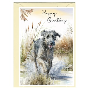 Biglietto "Happy Birthday" con cane lupo irlandese (6" x 4") con busta - Interno vuoto per il tuo messaggio. Perfetto per ogni amante dei cani