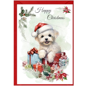 Biglietto di Natale Maltese Dog (6" x 4") Vuoto all'interno - con busta. Articolo perfetto per qualsiasi amante dei cani