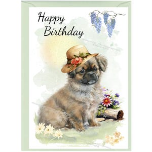 Biglietto "Happy Birthday" con cane Spaniel tibetano (6"x 4") con busta. Vuoto all'interno per il tuo messaggio. L'intestazione può essere modificata se richiesto.
