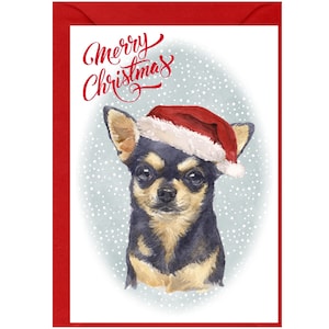 Tarjeta navideña para perro chihuahua de pelo liso, color negro y canela (15 x 10 cm). Interior en blanco y con sobre. Ideal para cualquier amante de los perros.