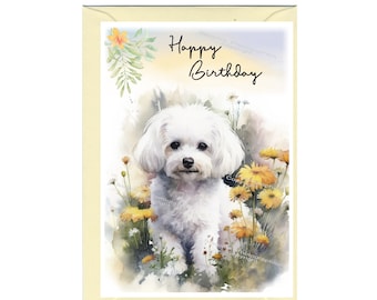 May include: A watercolor painting of a white dog with a happy birthday message. The dog is surrounded by yellow flowers and green leaves.