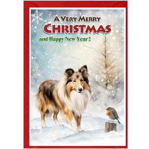 Kerstkaart Shetland Sheepdog / Sheltie Dog (6 x 4 inch) blanco binnenkant - met envelop.  Perfect item voor elke hondenliefhebber