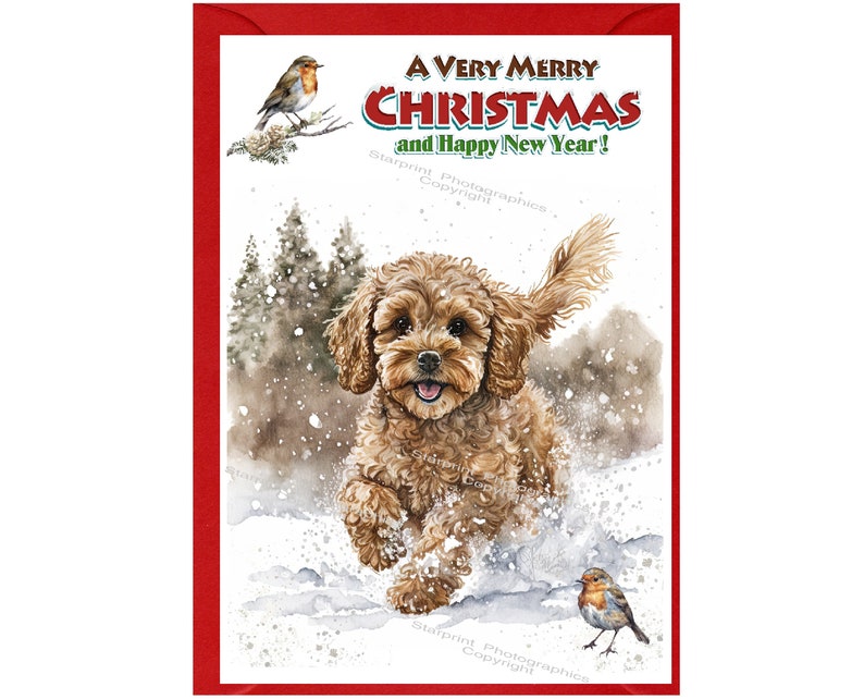 Cavapoo / Doodle Dog Christmas Card (6" X 4") Blank Inside - With ...