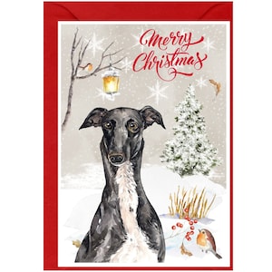 Carte de Noël chien lévrier (6 x 4 po.) vierge à l'intérieur - avec enveloppe. Article parfait pour tous les amoureux des chiens