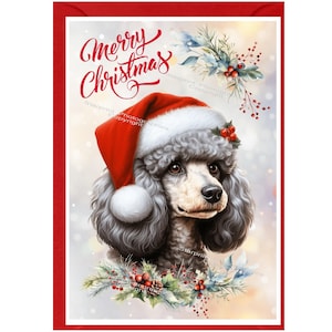 Tarjeta navideña de caniche (gris plateado) (15 x 10 cm). Interior en blanco y con sobre. Ideal para amantes de los perros.