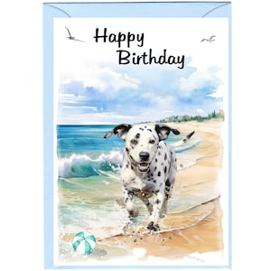 Carte « Joyeux anniversaire » chien dalmatien (6 x 4 po.) avec enveloppe. Blanc à l'intérieur pour votre propre message. Parfait pour tous les amoureux des chiens
