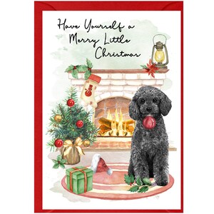 Tarjeta navideña con diseño de caniche (negro) (6" x 4") Interior en blanco, con sobre. Artículo perfecto para cualquier amante de los perros