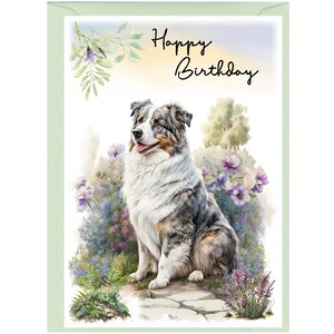 "Geburtstagskarte ""Happy Birthday"" mit australischem Schäferhund und Umschlag." Leer innen für Ihre eigene Nachricht. Perfekt für jeden Hundefreund