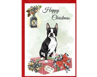 Boston Terrier Christmas Card (6" x 4") Blank inside - with Envelope.  Perfect item for any Dog Lover