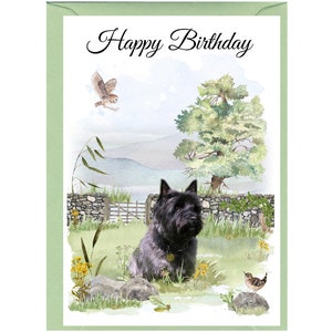 Carte « Joyeux anniversaire » chien cairn terrier (6 x 4 po.) avec enveloppe - vierge à l'intérieur pour votre propre message. Parfait pour tous les amoureux des chiens
