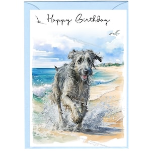 Cartão de "feliz aniversario" do cão Wolfhound irlandês (6" x 4") com envelope - anule o interior para sua própria mensagem. Perfeito para qualquer amante de cães