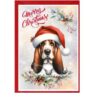 Carte de Noël Basset Hound (6 x 4 po.) vierge à l'intérieur - avec enveloppe. Article parfait pour tous les amoureux des chiens