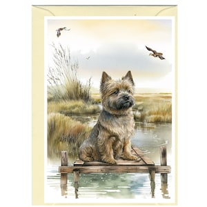 Tarjeta de felicitación o nota personalizada con el nombre de un perro Cairn Terrier (15 x 10 cm) y sobre. Ideal para cualquier ocasión. Se puede dejar en blanco si se prefiere.
