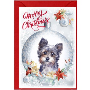 Tarjeta navideña con un perro Yorkshire Terrier o Yorkie (15,24 x 10,16 cm). Interior en blanco y con sobre. Artículo perfecto para cualquier amante de los perros.