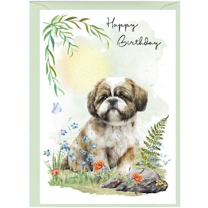 Biglietto "Happy Birthday" con cane Shih Tzu (6" x 4") con busta - Interno vuoto per il tuo messaggio. Perfetto per ogni amante dei cani