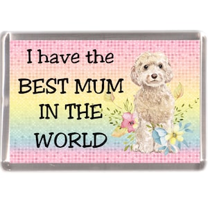 May include: A white and pink fridge magnet with a rainbow background and a white dog with the text "I have the BEST MUM IN THE WORLD".