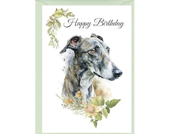 Greyhound Dog "Happy Birthday" Card (6" x 4") with Envelope - Blank inside for your own message. Perfect for any dog lover.