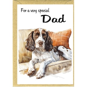 May include: A greeting card with a watercolor painting of a brown and white dog lying on a beige couch. The card reads "For a very special Dad" in black script.