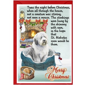 Oude Engelse herdershond kerstkaart (6" x 4") blanco binnenzijde - met envelop. Perfect item voor elke hondenliefhebber