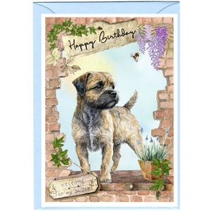 Biglietto "Happy Birthday" per cane Border Terrier (6"x 4") con busta. Vuoto all'interno per il tuo messaggio. Perfetto per ogni amante dei cani