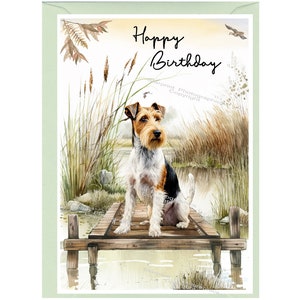Carte « Joyeux anniversaire » pour chien Fox terrier métallique (6 x 4 po.) avec enveloppe. Blanc à l'intérieur pour votre propre message. Parfait pour tous les amoureux des chiens