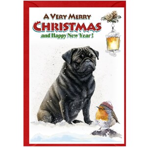 Tarjeta de Navidad para perro Pug (negro) (6" x 4") Interior en blanco - con sobre. Artículo perfecto para cualquier amante de los perros.