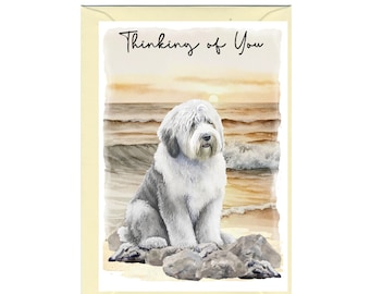 Tarjeta "Pensando en ti" de un perro pastor inglés antiguo (15 x 10 cm) con sobre. Interior en blanco para tu propio mensaje. Perfecta para cualquier amante de los perros.