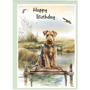 Biglietto di auguri "Buon compleanno" con Airedale Terrier (15 x 10 cm) e busta - Interno vuoto per il tuo messaggio. Perfetto per ogni amante dei cani.