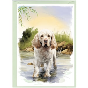 Gepersonaliseerde hondenwenskaart Clumber-spaniël (6 x 4 inch) met envelop.  Kaart kan indien gewenst blanco worden gelaten