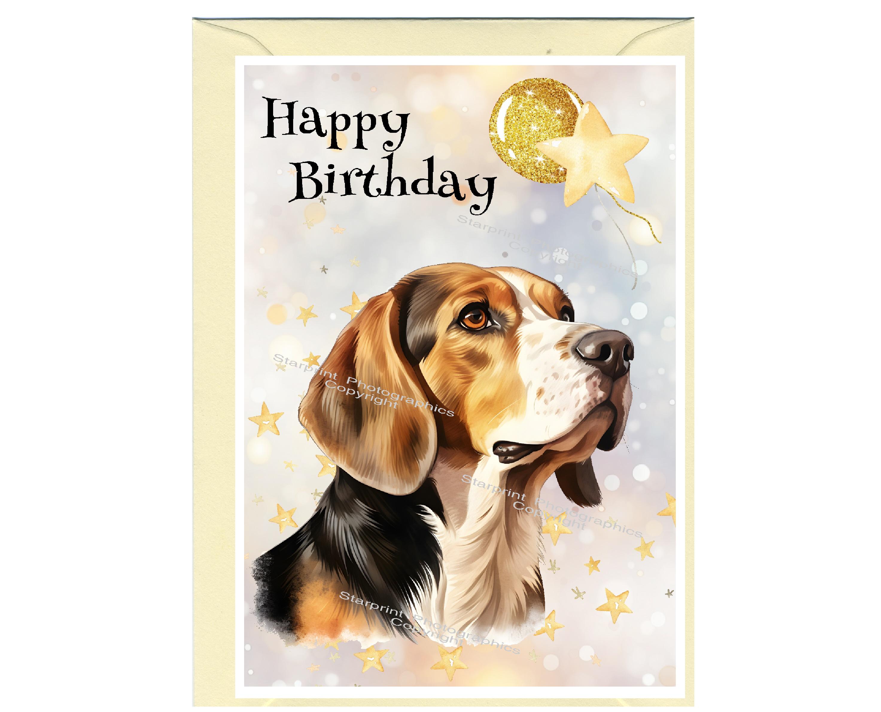 Beagle Dog "Happy Birthday" Card (6ins x 4ins) with Envelope - Blank inside for your own message. Perfect for any dog lover
