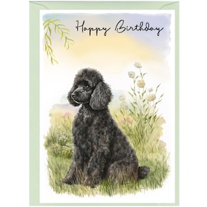 Tarjeta de feliz cumpleaños para perro caniche negro (6" x 4") con sobre. Interior en blanco para escribir tu propio mensaje. Perfecta para cualquier amante de los perros