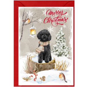 Biglietto di Natale con cane barboncino nero (6" x 4") Interno vuoto - con busta. Articolo perfetto per qualsiasi amante dei cani