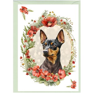 Gepersonaliseerde blanco kaart dwergpinscherhondje (6 x 4 inch) met envelop.  Kaart kan indien gewenst blanco worden gelaten